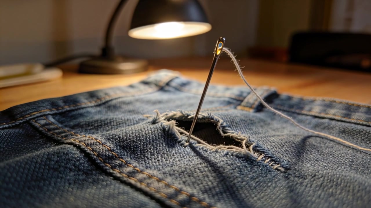 Pulling back camera revealing threaded needle in torn denim for repair on wooden desk, lamp glowing