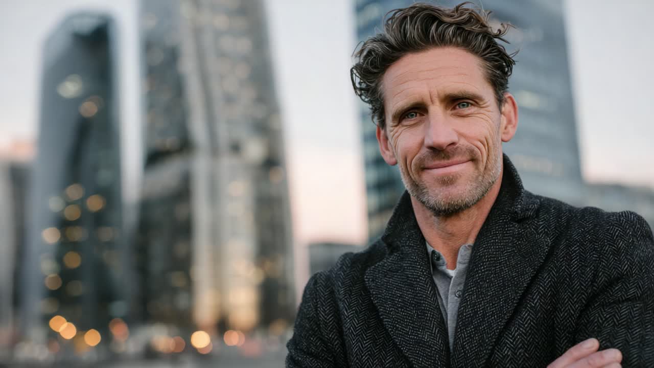 A Confident Man Poses Against a Backdrop of Modern Skyscrapers, Exuding Charm and Professionalism in a Stylish Coat Within a Bustling Urban Environment