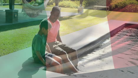 father and son sitting by pool, relaxing over colorful animation