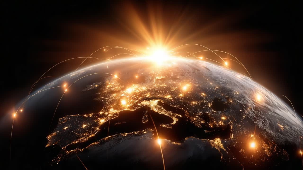 A Stunning View of Earth Illuminated by the Sun's Rays with Connecting Lines Representing Global Networks and Communication in the Dark Vastness of Space