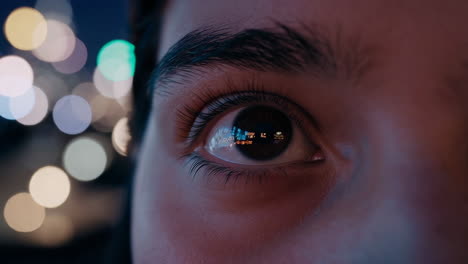 close-up of a person's eye at night