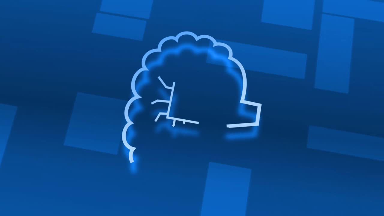 파란색 배경의 모양 위에 텍스트를 가진 디지털 뇌의 애니메이션