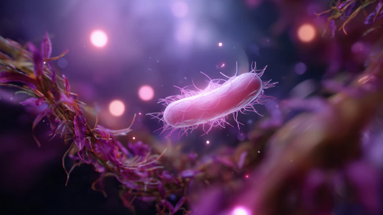 A Close-Up Look at a Vibrant Bacterium Surrounded by Colorful Organic Structures in a Microscopic World of Cellular Life and Interactions