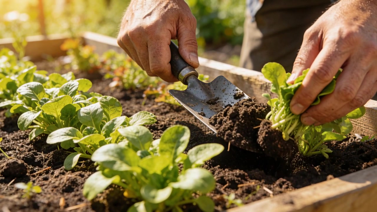 Observando el hacinamiento, jardinero con los antebrazos descubiertos trasplantando plántulas en un bancal elevado con una paleta de jardín