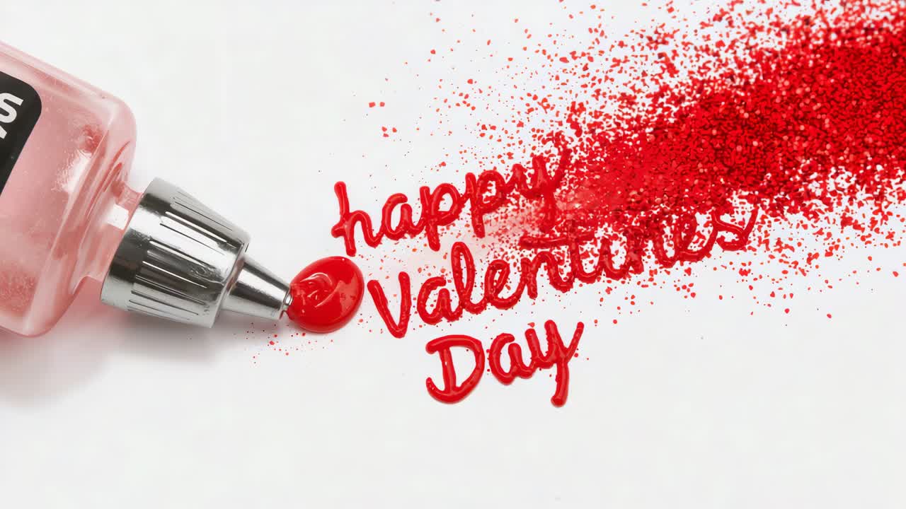 Empujando la boquilla de un bote y colocando gel rojo y purpurina sobre papel, formando la frase cursiva «Feliz día de San Valentín»