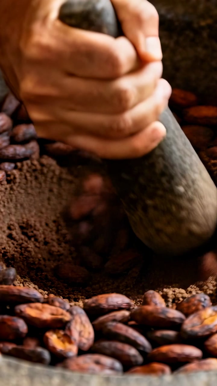 Vertical video: Pressing hand grinding cocoa beans in mortar with pestle in kitchen, making powder
