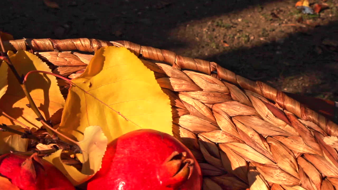 granadas rojas en canasta con hojas amarillas de otoño afuera en la mesa del jardín