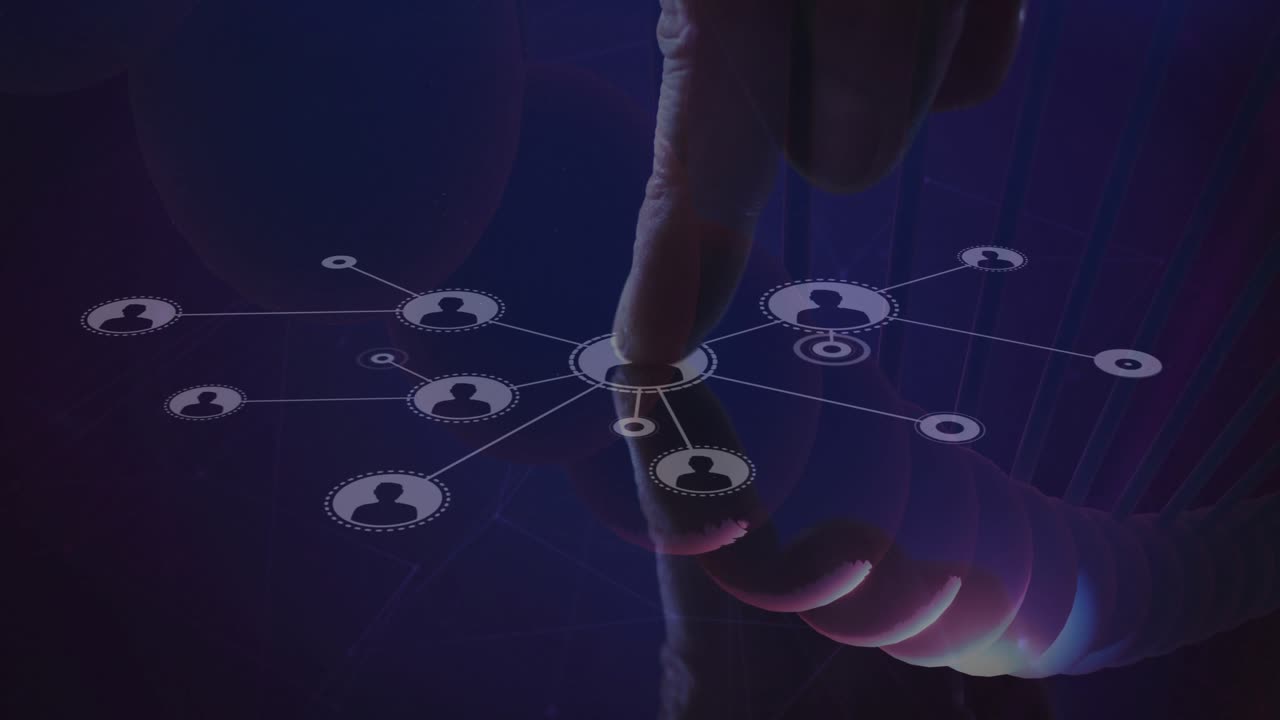 Index finger entering helix midline pressing central node lighting holo UI mapping avatars for tech