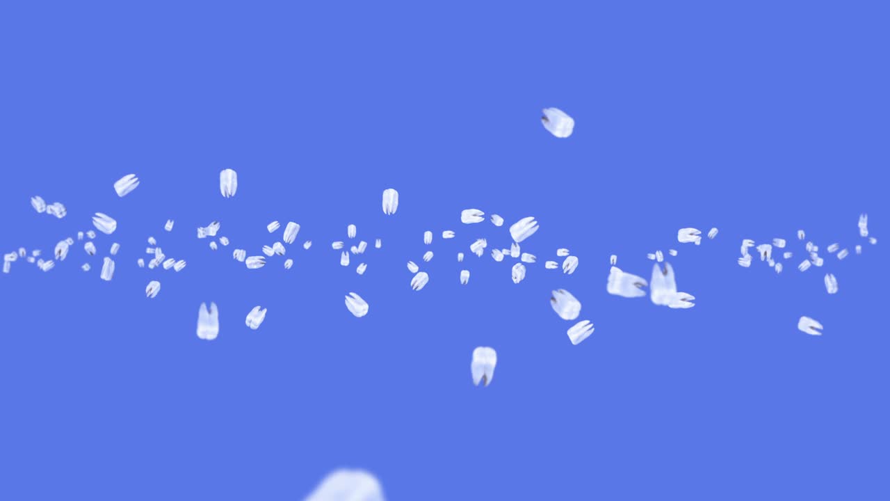 파란색 바탕에 많은  이빨을 날아. 치과 관리 개념. 치아 회전의 3d 애니메이션. 루프 애니메이션.