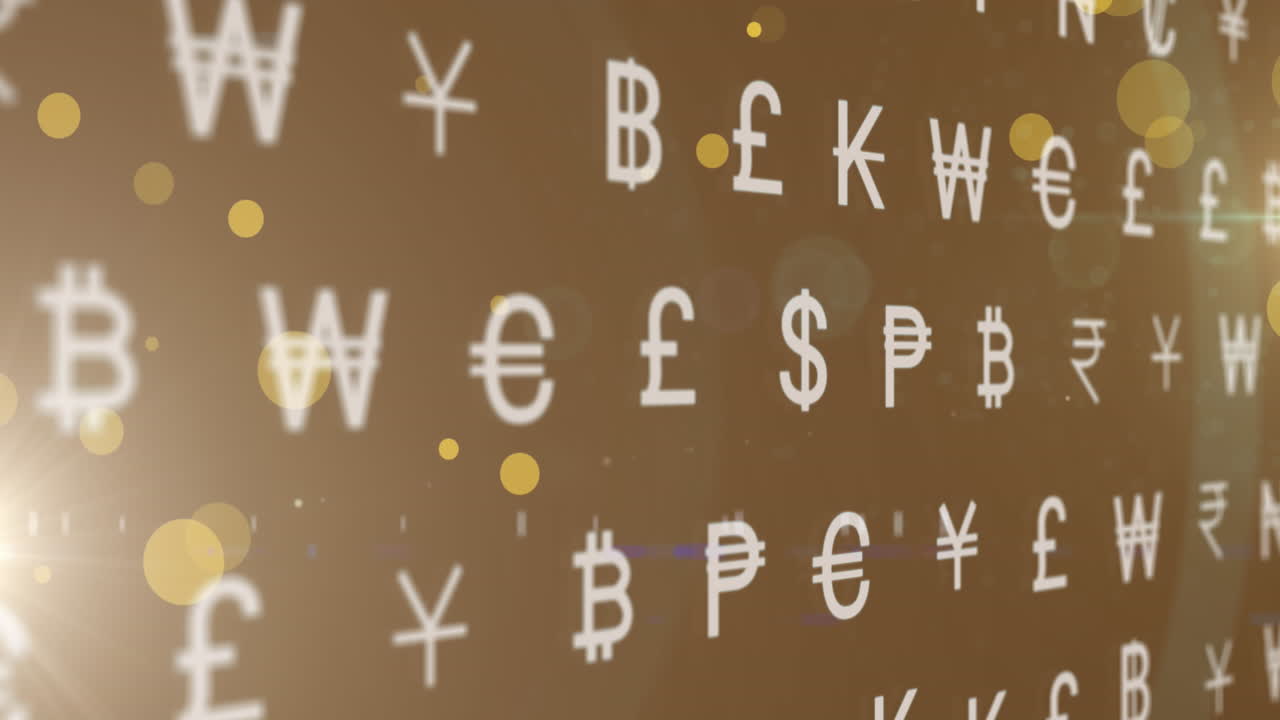 Animazione di simboli di valuta multipli su macchie gialle e punti luce.