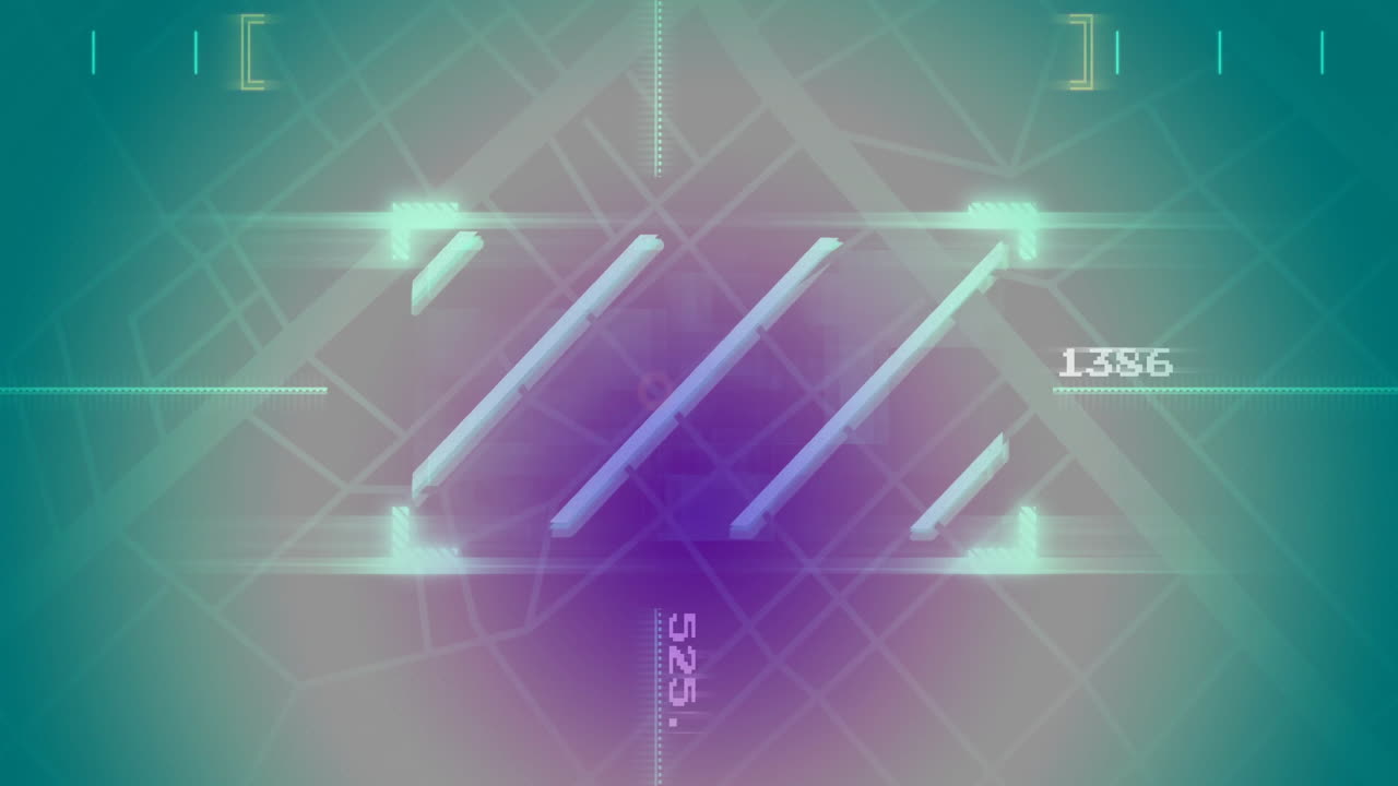 Geometric shapes and numbers with futuristic scanning animation over grid background