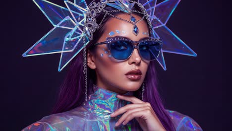 a captivating portrait of a futuristic fashion muse wearing dazzling accessories and radiant attire against a dark background