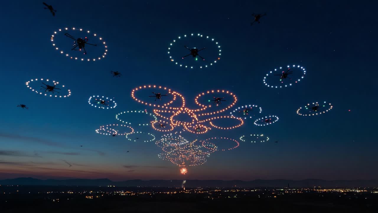 A Stunning Display of Light and Technology: Aerial Drones Illuminate the Night Sky with Mesmerizing Patterns and Colors in a Captivating Show