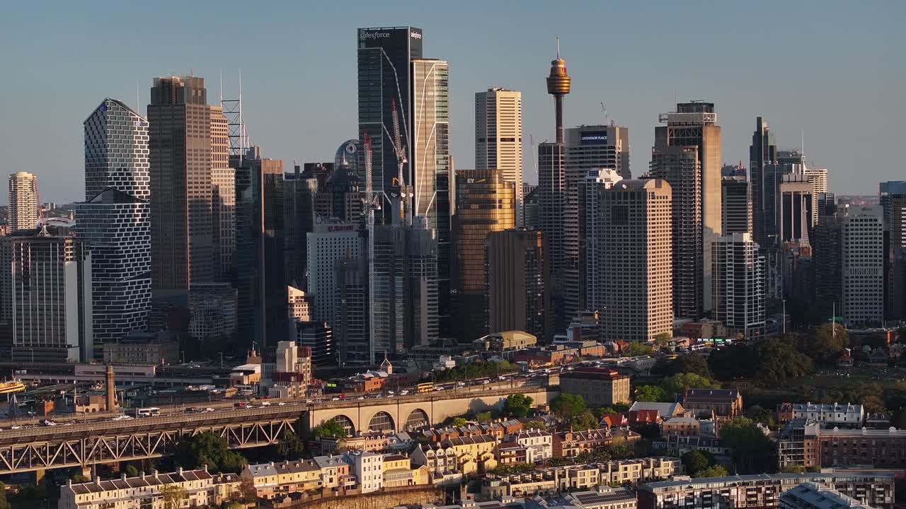 Beautiful drone cityscape skyscrapers and Sydney iconic commercial buildings in CBD.