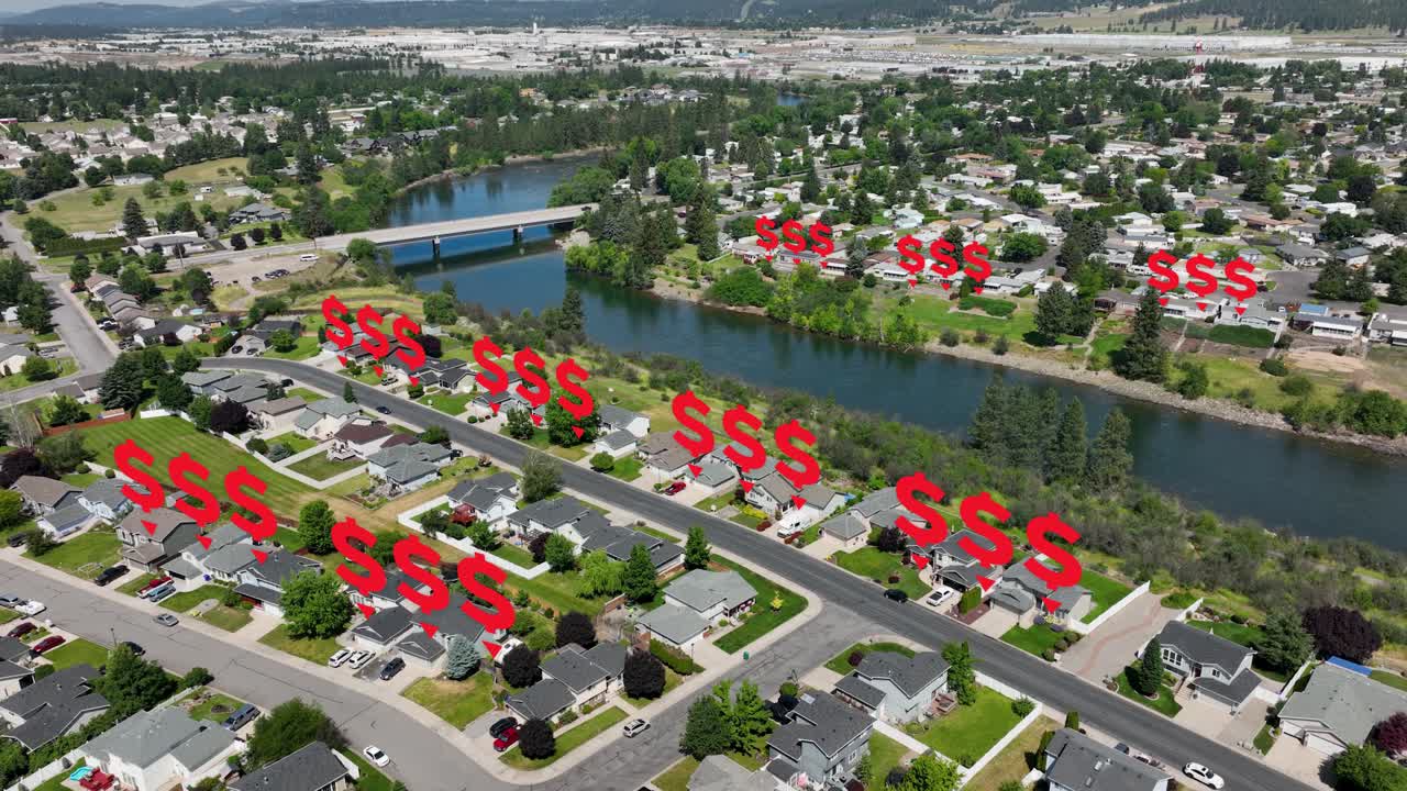 Aerial view over a neighborhood after a real estate market crash
