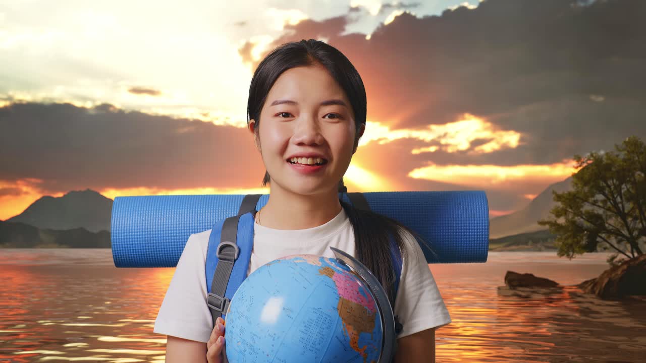 Happy Woman Traveler with Globe at Sunrise/Sunset over a Lake