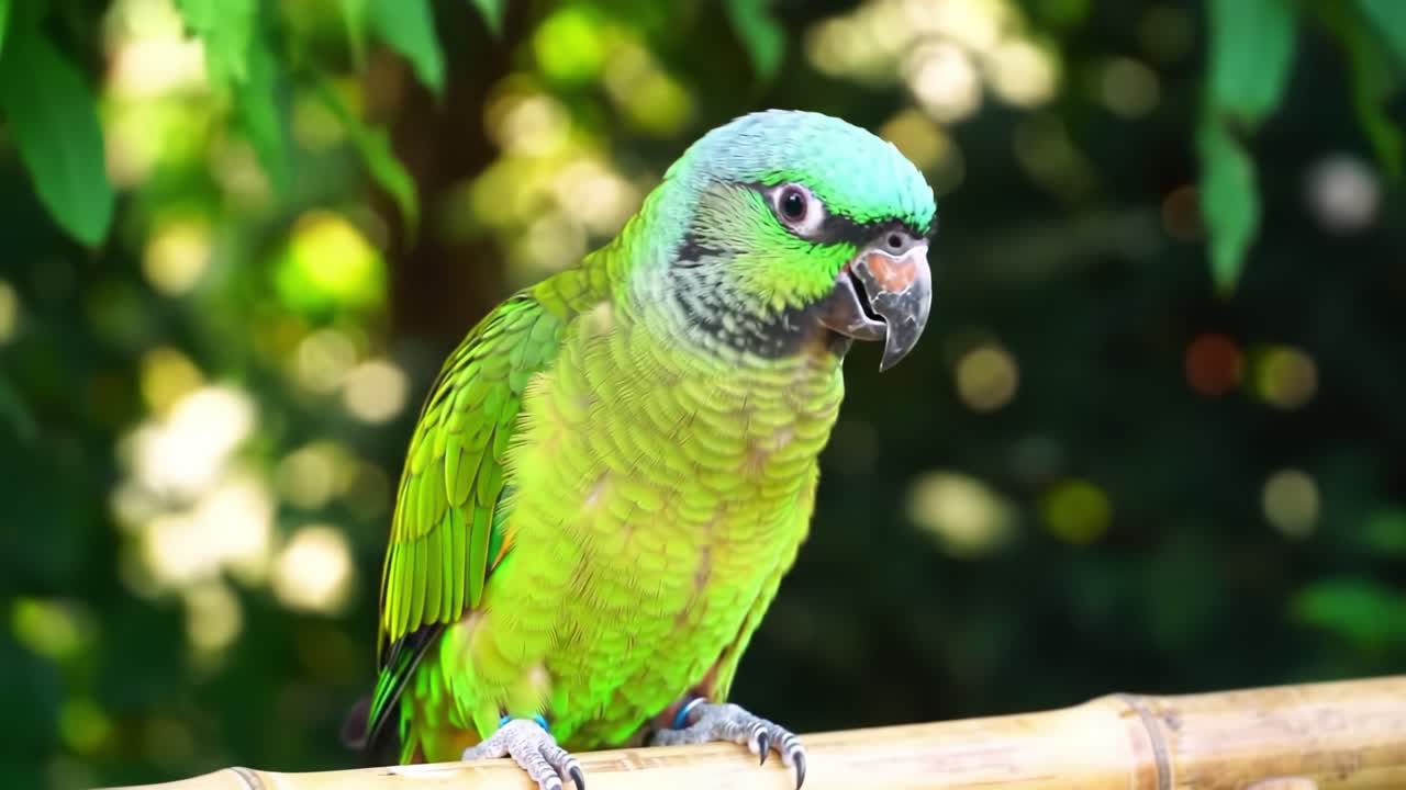 Vibrant Green Parrot Displaying Intriguing Features While Perched on a Bamboo Branch Under the Lush, Green Background of Nature and Foliage