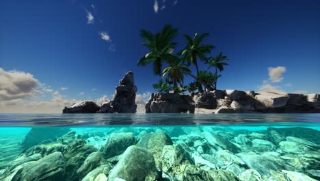 Split-View-Querschnitt-Von-Meerwasser-Und-Palmen-Auf-Der-Insel