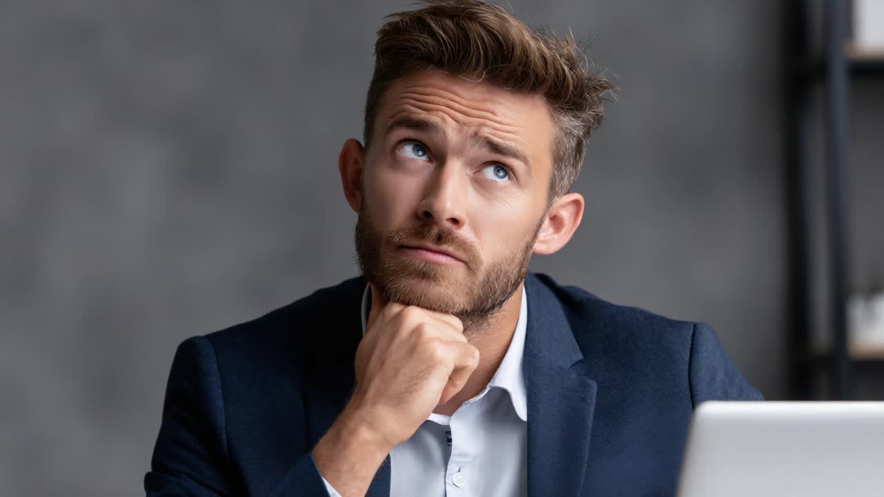Pensive Professional Man in Suit Contemplating Thoughts and Solutions While Sitting at His Desk, Exuding Confidence and Determination in a Business Setting