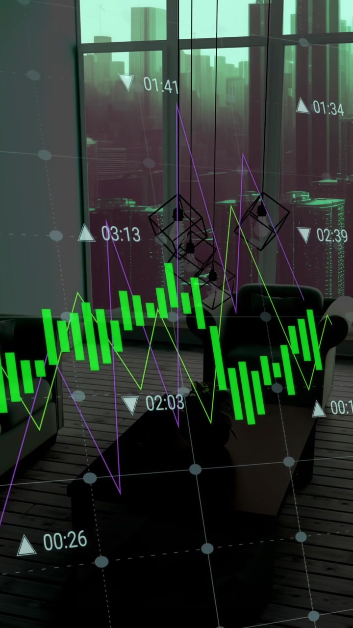 Animasjon av databehandling over en moderne leilighet og et bylandskap