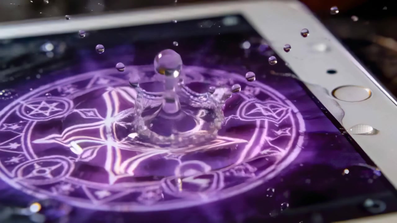Falling droplet striking purple sigil on tablet on desk, forming crown, column and rebound droplets