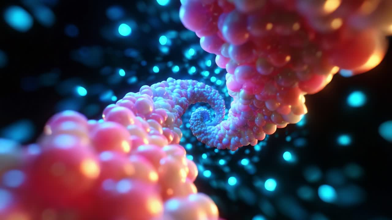 An enchanting spiral of luminous spheres illustrates the mesmerizing beauty of molecular structures, showcasing vibrant colors that intertwine and evolve, creating an immersive experience into the microcosm of existence
