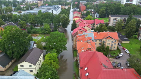 aerial view of a flooded city in latvia, after rain on a cloudy day