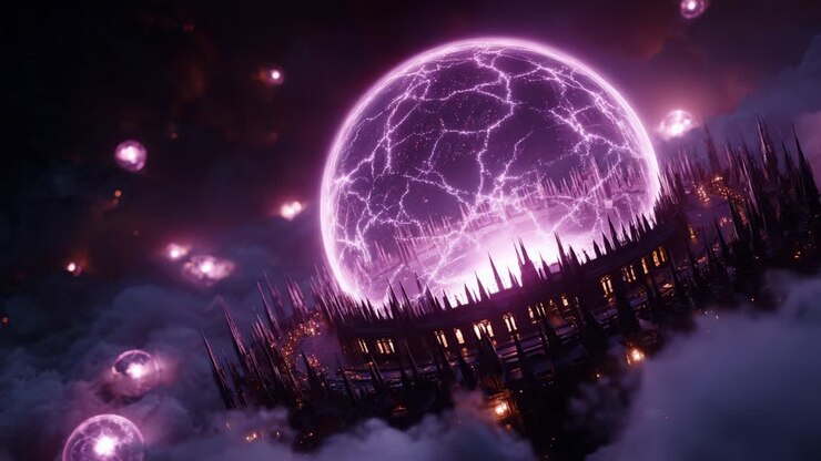 An Ethereal Cosmic Realm: A Fantastical Visualization of a Vibrant Purple Sphere Surrounded by Electric Energy, Rising Above a Spiked Fortress Amidst Enigmatic Clouds and Fleeting Lights