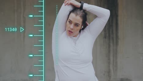 animation of data processing over plus size caucasian woman exercising in city