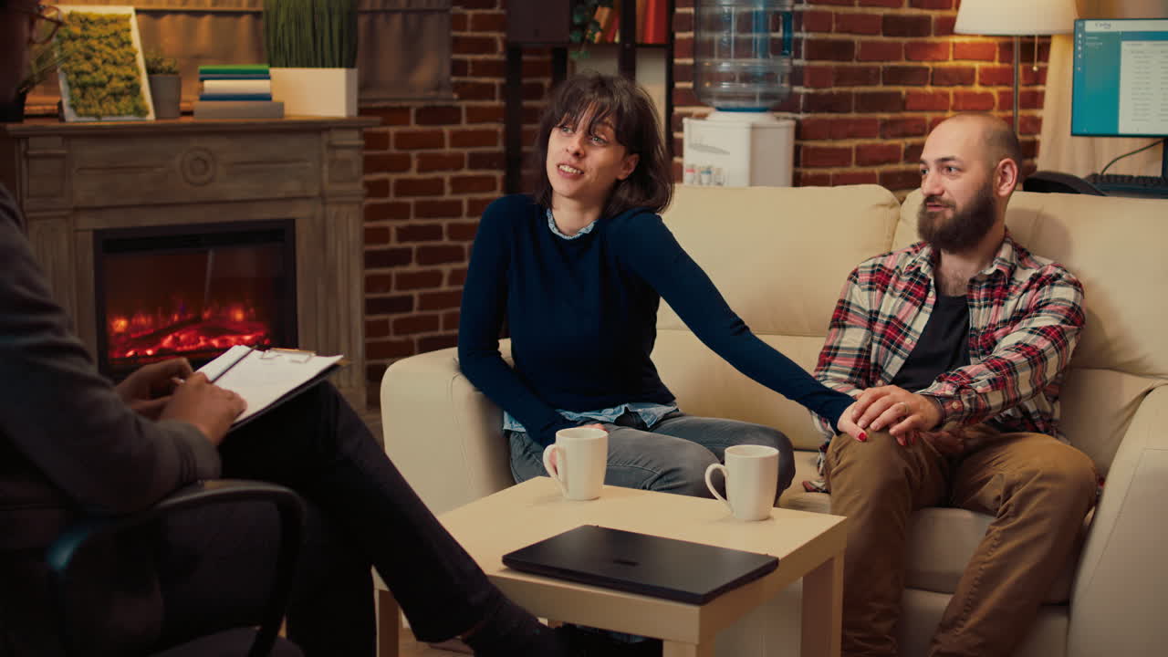 Married people holding hands after making up at counseling session