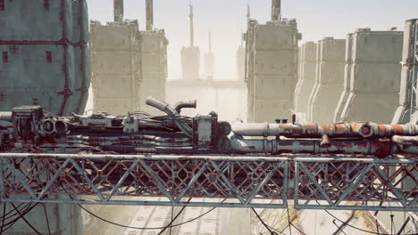 exploring a futuristic industrial landscape with tall structures