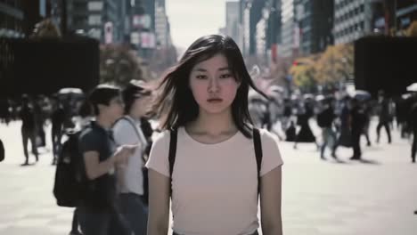 young woman walking in a busy city street
