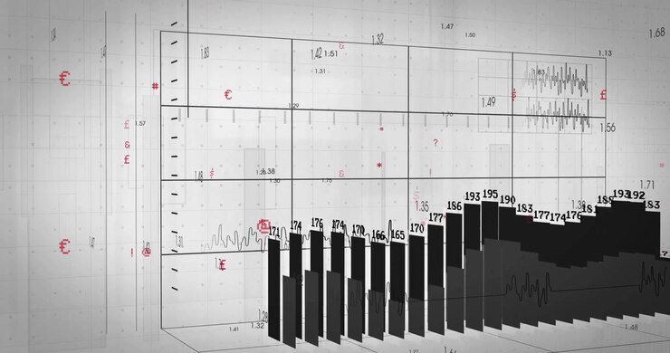 Visualization showing 3D bars rising on grid, line graph weaving around them, red symbols floating
