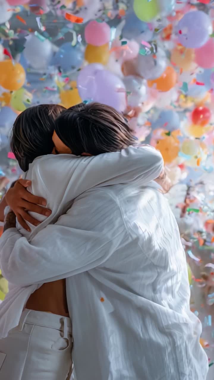 Un abbraccio sentito immortalato in una colorata celebrazione piena di palloncini e gioia, che simboleggia l'amore e il legame tra due persone in mezzo ai festeggiamenti