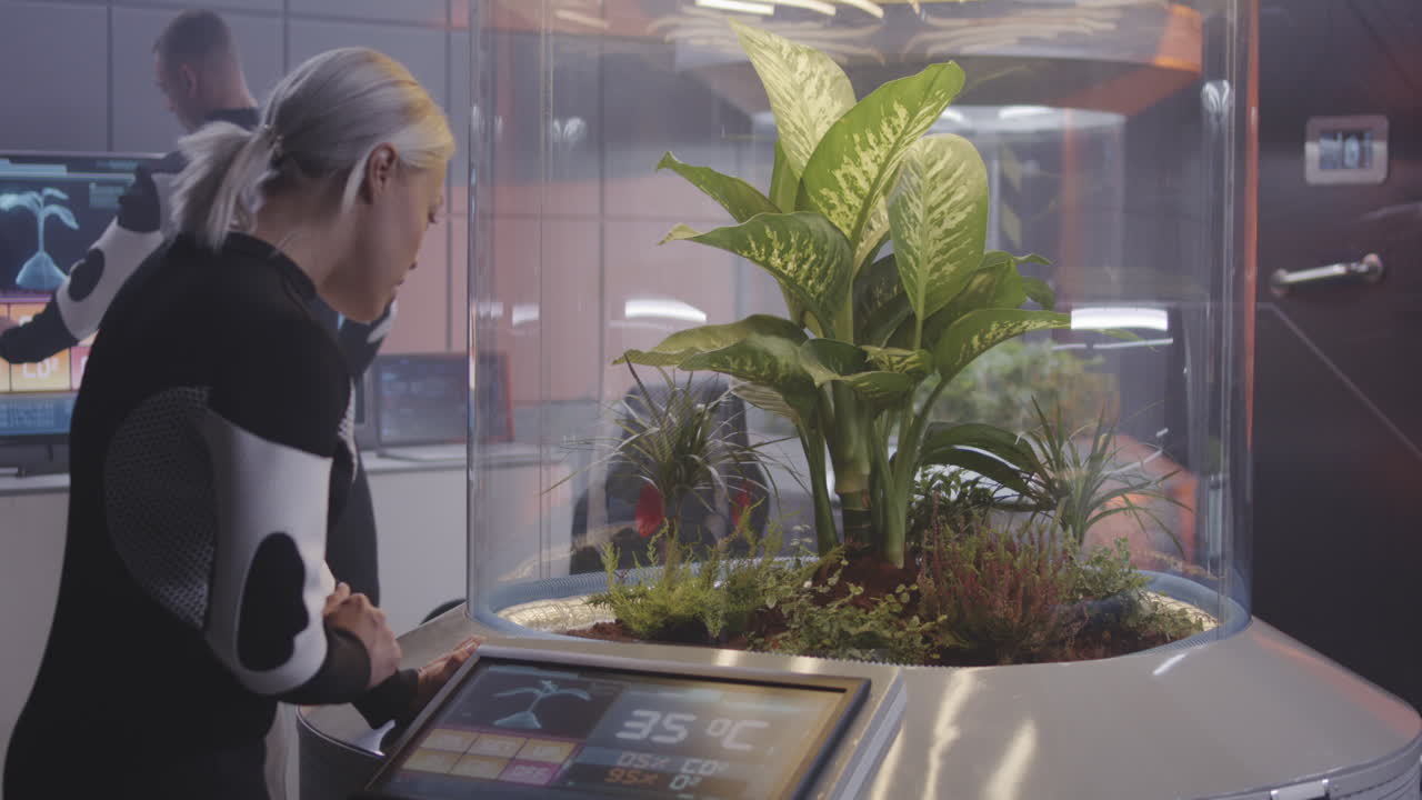 Woman Monitoring Plant Growth in a Controlled Environment