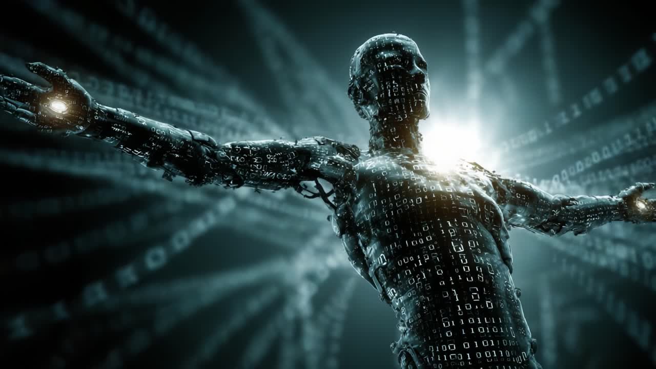 A Digital Entity Emerges: A Striking Representation of the Fusion Between Technology and Humanity in a Binary World