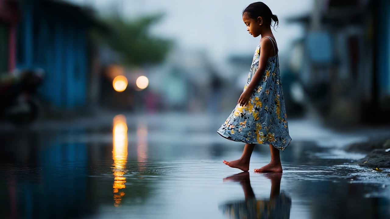 A Young Girl in a Floral Dress Walks Through Shimmering Reflections on a Rain-Soaked Street, Capturing a Moment of Innocence and Wonder in a Serene Urban Landscape