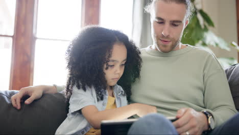 learning, digital tablet and father with girl