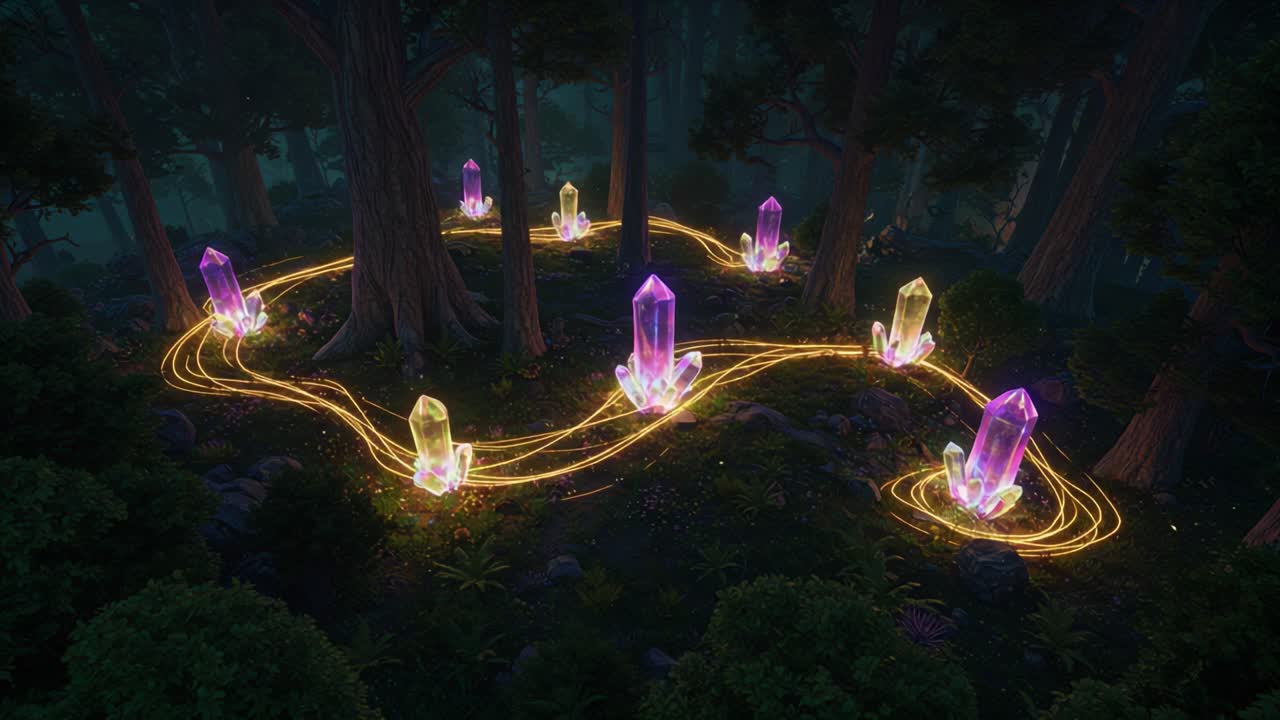 Enchanted Forest Pathway Illuminated by Ethereal Crystals in a Mystical Setting, Showcasing Magical Energy and Natural Beauty among Lush Greenery and Towering Trees