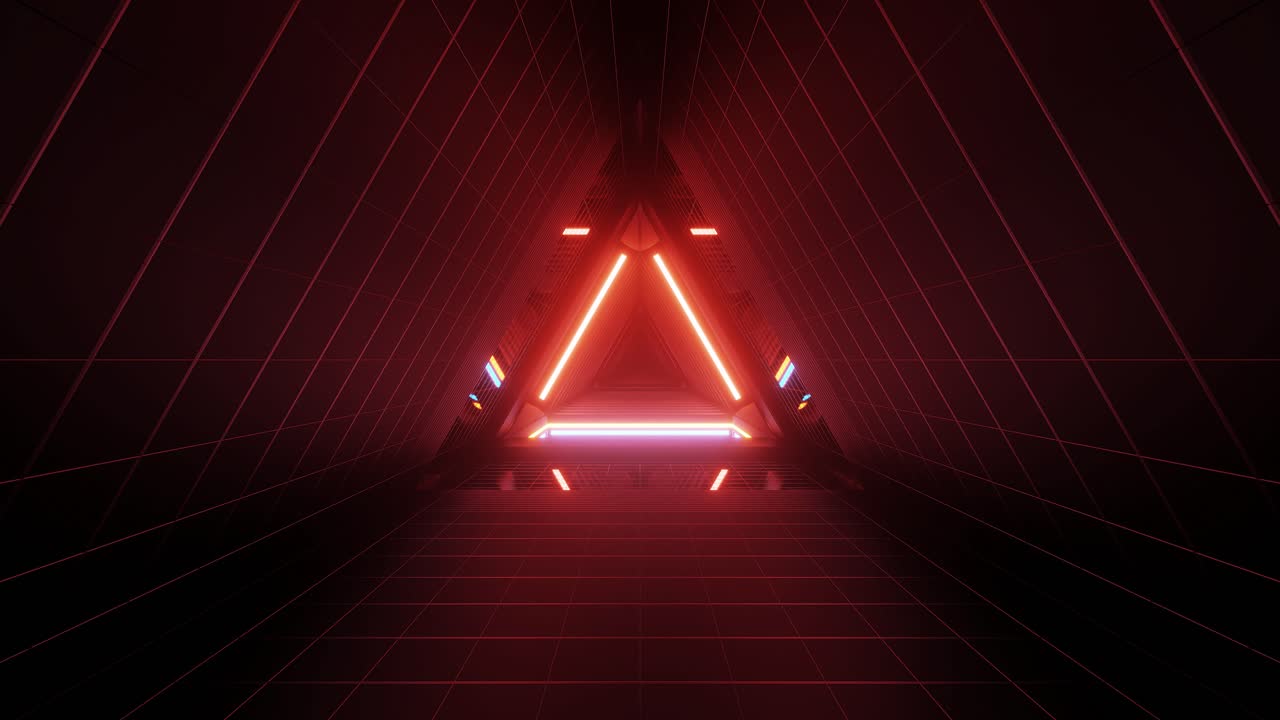 fondo de neón rojo futurista abstracto, líneas brillantes, túnel triangular, corredor, espacio vacío, render 3d
