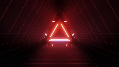 fondo de neón rojo futurista abstracto, líneas brillantes, túnel triangular, corredor, espacio vacío, render 3d