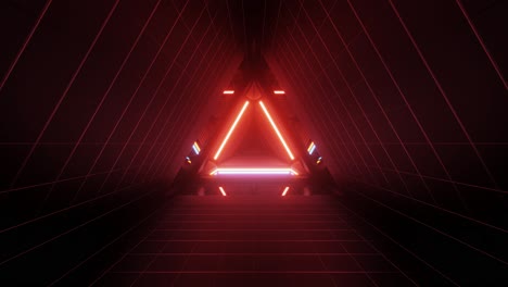 abstract futuristic red neon background, glowing lines, triangular tunnel, corridor, empty space, 3d render