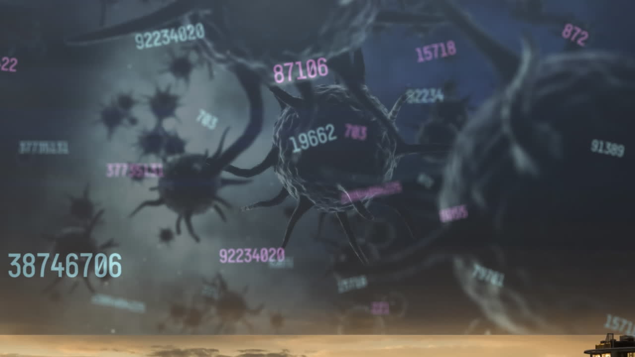 Multiple changing numbers and covid-19 cells floating against clouds in the sky