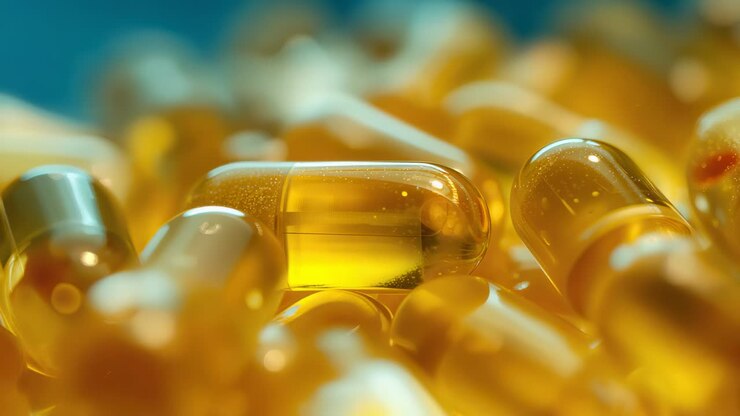 Shifting lights and focus revealing central golden softgel capsule on shallow tray, for display