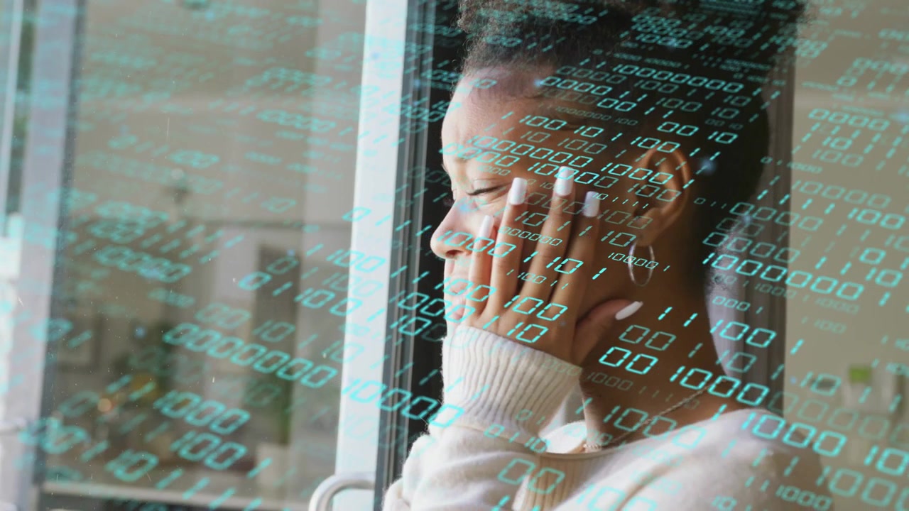 Woman holding face opening eyes gazing out as camera tightens; teal data hovering, tech insight