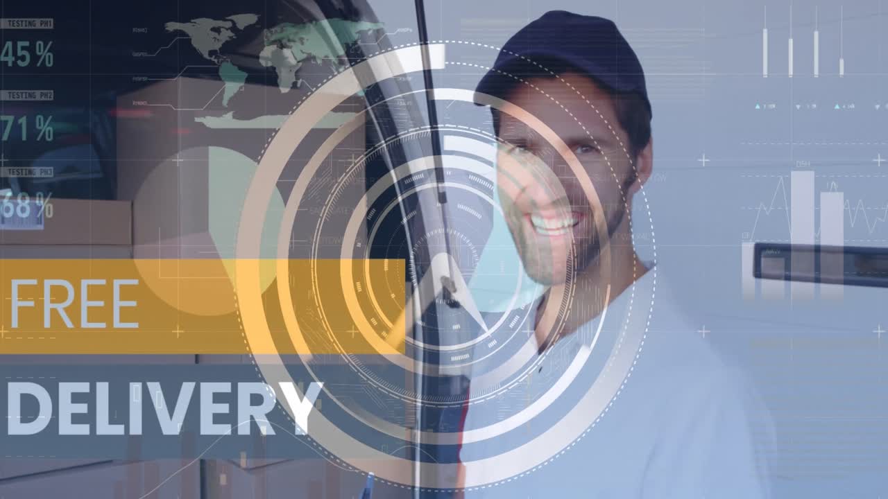 Animation of data processing over caucasian male deliverer with clipboard