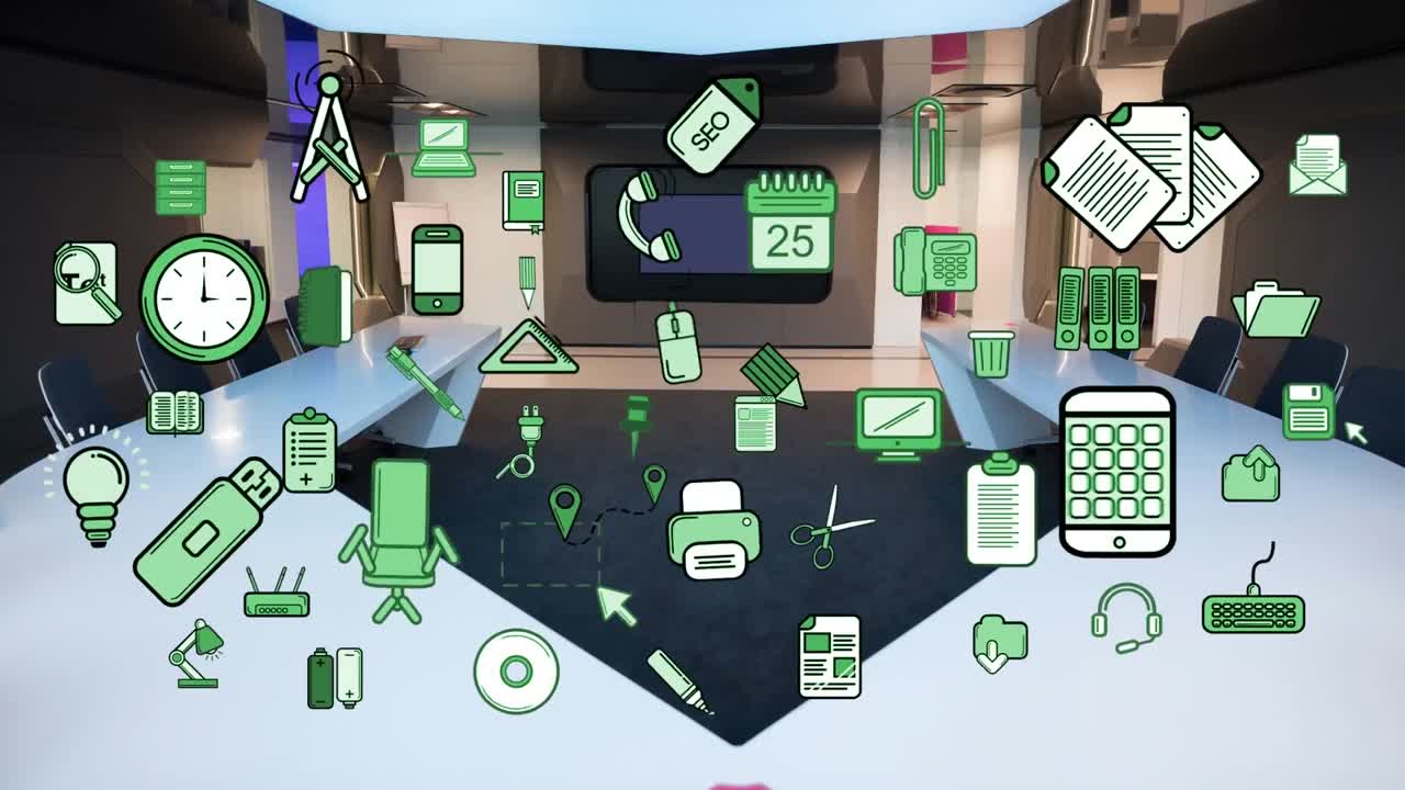 animación de iconos de negocios y oficinas sobre la oficina