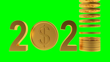 animación 3d de 2021 con una moneda de dólar giratoria en pantalla verde.