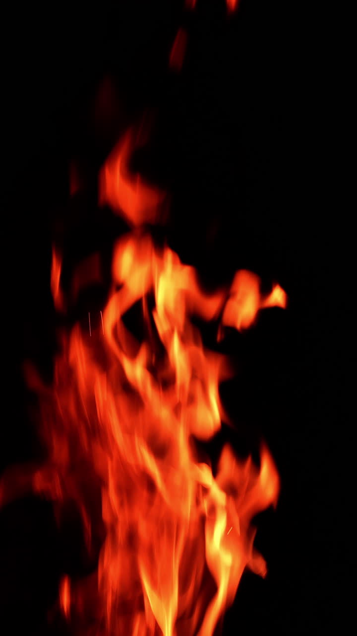 Flame of fire rising up in the darkness. Tongues of flames from bonfire isolated. Vertical video