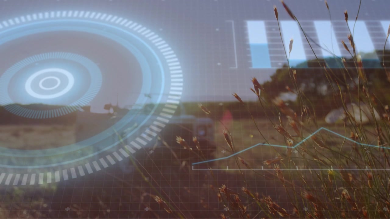Grasses swaying and parked SUV in dry field, HUD appearing and animating tech charts for monitoring